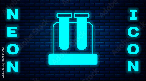 Glowing neon Test tube and flask chemical laboratory test icon isolated on brick wall background. Laboratory glassware sign. Vector