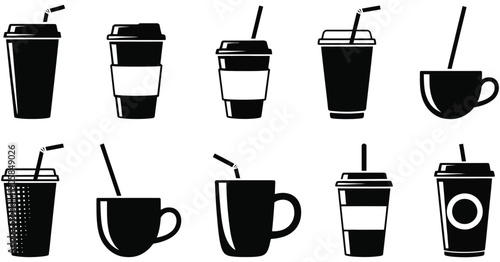 Set of coffee cup silhouettes with straws in various styles, modern coffee and beverage symbols for cafes, restaurants, digital menus, social media graphics, and coffee shop marketing materials.