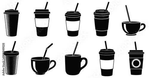 Set of coffee cup silhouettes with straws in various styles, flat and minimal beverage icons for coffee shops, cafes, takeaway drinks, menu design, and digital illustration projects.