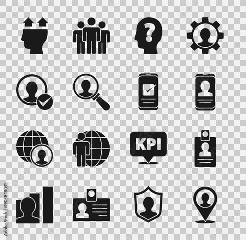 Set Location with person, Identification badge, Mobile resume, Head question mark, Magnifying glass for search, Create account screen, User of man and Smartphone icon. Vector