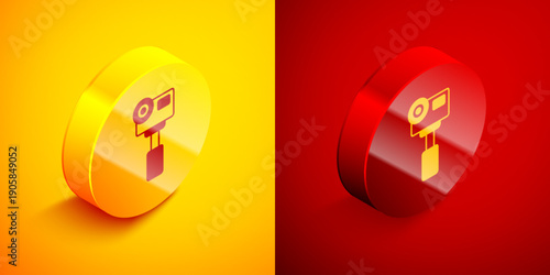 Isometric Action extreme camera icon isolated on orange and red background. Video camera equipment for filming extreme sports. Circle button. Vector