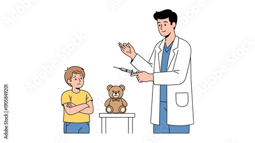 A Doctor and a Patient: A doctor, offering a syringe to a child, with a teddy bear. A scene of a medical consultation, embodying care and empathy.