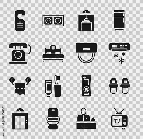 Set Retro tv, Hotel slippers, Air conditioner, Lift, Bedroom, Telephone handset, Please do not disturb and Bellboy hat icon. Vector