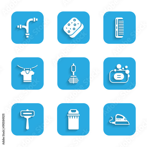 Set Toilet brush, Trash can, Electric iron, Bar of soap, Shaving razor, Drying clothes, Hairbrush and Industry metallic pipe icon. Vector