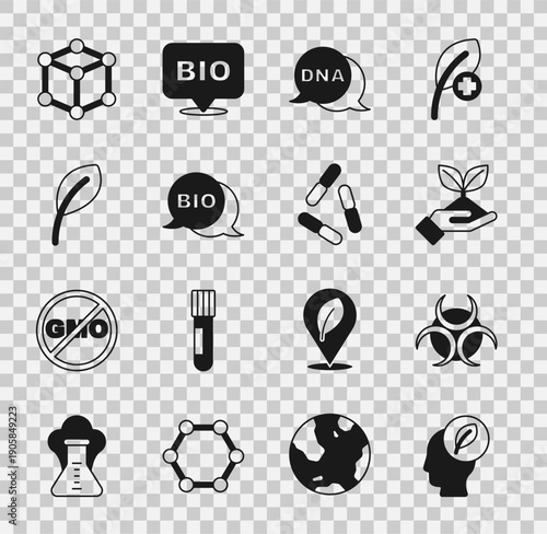 Set Human head with leaf inside, Biohazard symbol, Plant hand, DNA, healthy food, Leaf or leaves, Molecule and Virus icon. Vector