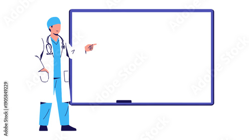 Doctor's Presentation: A healthcare professional, dressed in scrubs and a stethoscope, gestures toward a blank whiteboard, ready for a vital presentation. 