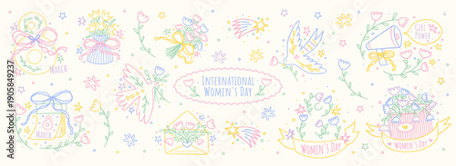Pastel hand drawn doodle banner for International Women’s Day. Cute floral illustrations with gifts, dove, envelope and girl power elements for 8 March celebration design.