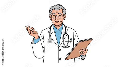 Confident Doctor in Clinical Attire: A wise and seasoned doctor, clad in a crisp white coat and a stethoscope, offers a gesture of understanding and reassurance.