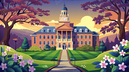 Very beautiful springtime view of the historic Old Main building at Penn State University, surrounded by fresh greenery and clear skies, representing renewal, academic pride, and campus tradition.