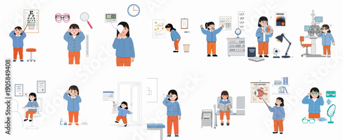 Eye Exam and Vision Care illustrations for Children: Optometry tests, eyeglasses fitting, color blind assessment, and eye health concepts.