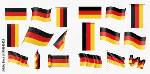 Set of realistic German flags in various shapes and positions, isolated on transparent background, symbolizing national pride and patriotism.