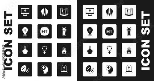 Set Holy bible book, Christian cross, Location church building, monitor, Coffin, Pope hat, Church and tower icon. Vector