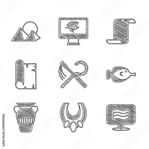 Set Crook and flail, Egyptian necklace, Flag Of, Butterfly fish, vase, Papyrus scroll, and pyramids icon. Vector