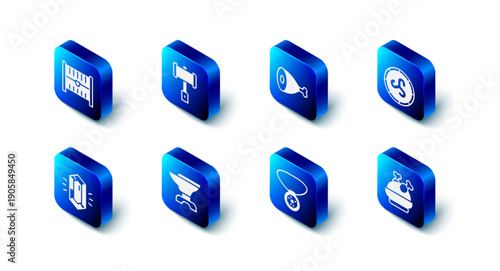Set Battle hammer, Chicken leg, Shield viking, Roasted turkey or chicken, Necklace with gem, Anvil for blacksmithing, Gem stone and Antique treasure chest icon. Vector