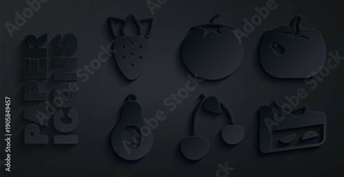 Set Cherry, Pumpkin, Avocado, Homemade fruit pie, Tomato and Strawberry icon. Vector