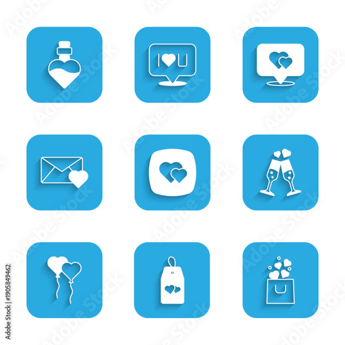 Set Heart, Please do not disturb with heart, Shopping bag, Glass of champagne, Balloons form, Envelope Valentine, Location and Bottle love potion icon. Vector