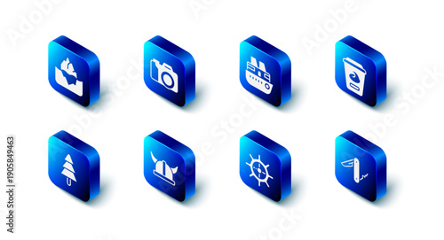 Set Photo camera, Cruise ship, Yogurt container, Swiss army knife, Ship steering wheel, Viking horned helmet, Tree and Iceberg icon. Vector