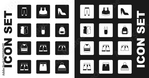 Set Woman shoe, dress, Waistcoat, Pants, School backpack, Female crop top, Short or pants and Undershirt icon. Vector