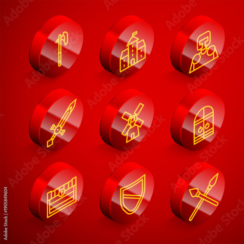 Set line Medieval axe, Castle, fortress, knight, sword, Windmill, castle gate, Antique treasure chest and Shield icon. Vector