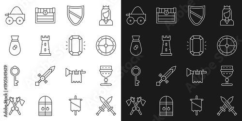 Set line Crossed medieval sword, Medieval goblet, Round wooden shield, Shield, Castle tower, Old money bag, Wooden four-wheel cart and Diamond icon. Vector