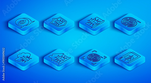 Set line Eye scan, System bug, on monitor, House system, Fingerprint, cloud and Browser incognito window icon. Vector