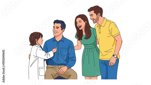 Health Check: A heartwarming scene unfolds as a young doctor examines a patient. A family stands by, exuding warmth and trust. A moment of care, connection, and health.