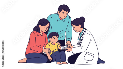 Pediatric Consultation: A caring doctor examines a young child's arm in a supportive family environment, emphasizing healthcare and parental care.