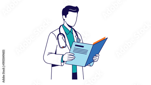 Doctor's Consultation: A dedicated medical professional in a crisp white coat, holding a detailed medical file, embodies knowledge and compassion. A stethoscope dangles.