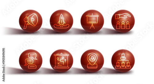 Set line Megaphone, Speech bubble chat, Boss with employee, Worker location, Planning strategy concept, Rocket, Hierarchy organogram chart and Chalkboard icon. Vector