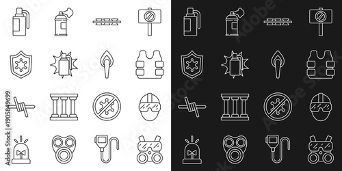 Set line Gas mask, Special forces soldier, Bulletproof vest, Barbed wire, Hand grenade, Police badge, and Torch flame icon. Vector