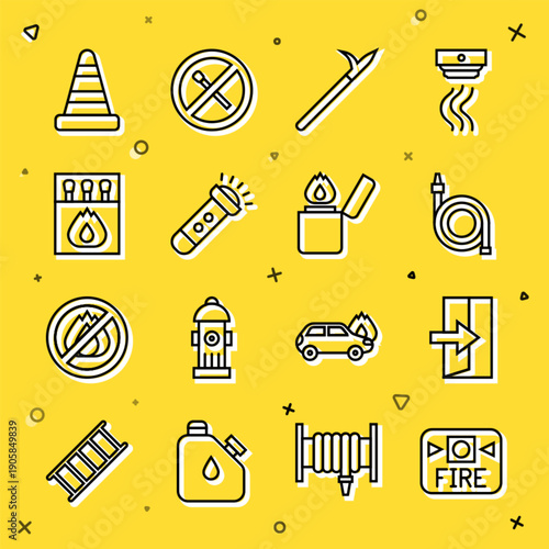 Set line Fire alarm system, exit, hose reel, Metal pike pole, Flashlight, Matchbox and matches, Traffic cone and Lighter icon. Vector
