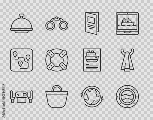 Set line Poker table, Ship porthole with seascape, Brochure, Beach bag, Covered tray, Lifebuoy, Worldwide and Towel on hanger icon. Vector