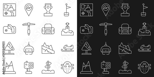 Set line Hockey mask, Sled, Award winner podium, cup, Ice axe, hockey goal, Folded map and Sport bag icon. Vector
