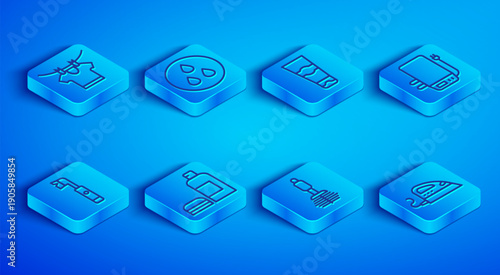 Set line Drying clothes, Water drop, Tube of toothpaste, Bottle shampoo, Toilet brush, Electric boiler, toothbrush and iron icon. Vector