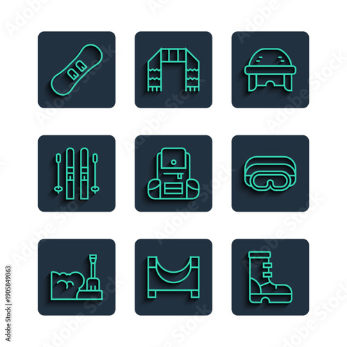 Set line Shovel in snowdrift, Skate park, Waterproof rubber boot, Hockey helmet, Hiking backpack, Ski and sticks, Snowboard and goggles icon. Vector