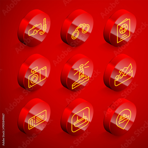 Set line Diving mask and snorkel, Binoculars, Passport, Photo camera, Lighthouse, Sinking cruise ship, Cruise ticket and Lifeboat icon. Vector