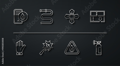 Set line Phone with emergency call 911, Firefighter gloves, Evacuation plan, flame in triangle, axe, hose reel, extinguisher and icon. Vector