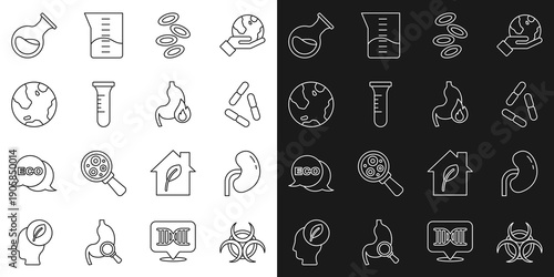 Set line Biohazard symbol, Human kidney, Virus, Hemoglobin, Test tube and flask, Earth globe, and Stomach heartburn icon. Vector