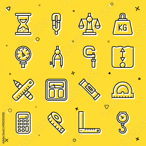 Set line Hand scale spring mechanical, Protractor, Depth measurement, Scales of justice, Drawing compass, Pressure water meter, Old hourglass with sand and Micrometer icon. Vector