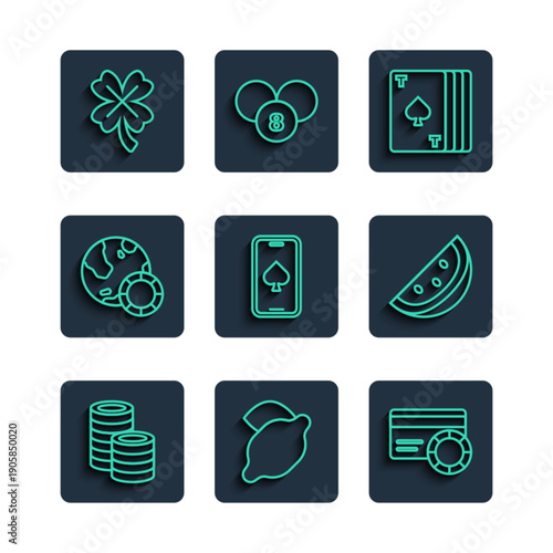 Set line Casino chips, slot machine with lemon, Credit card, Deck of playing cards, Online poker table game, clover and watermelon icon. Vector