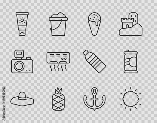Set line Elegant women hat, Sun, Ice cream in waffle cone, Pineapple, Sunscreen tube, Air conditioner, Anchor and Soda can icon. Vector