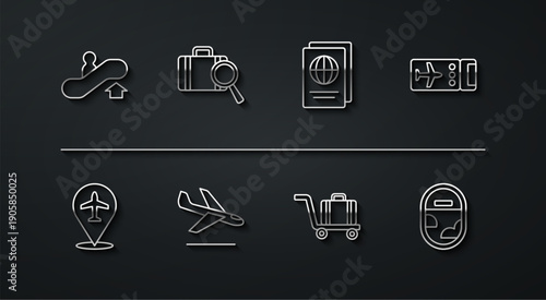 Set line Escalator up, Plane, Airline ticket, Trolley baggage, landing, Lost, Airplane window and Passport icon. Vector