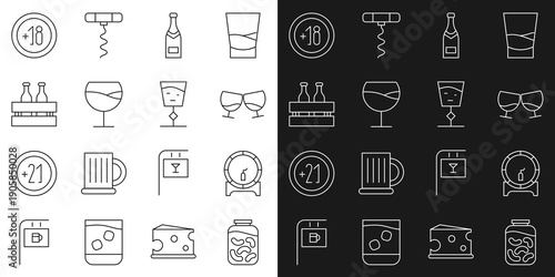 Set line Pickled cucumbers in a jar, Wooden barrel on rack, Glass of cognac or brandy, Champagne bottle, Wine glass, Pack beer bottles, Alcohol 18 plus and icon. Vector