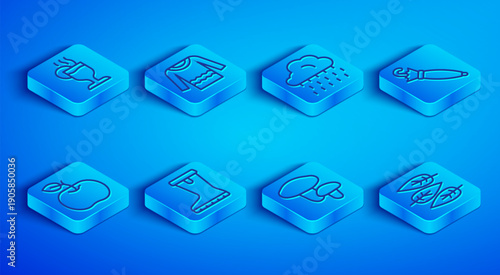 Set line Mulled wine, Sweater, Cloud with rain, Waterproof rubber boot, Mushroom, Umbrella, Apple and Leaf or leaves icon. Vector
