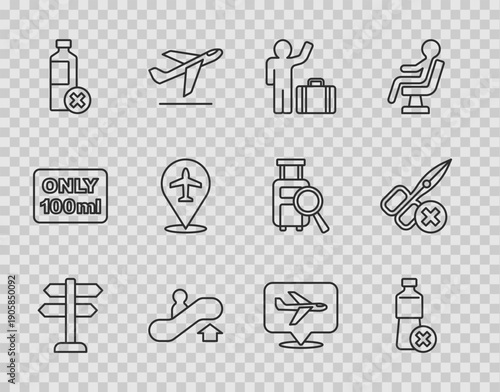 Set line Road traffic sign, No water bottle, Tourist with suitcase, Escalator up, Plane, and scissors icon. Vector