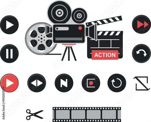 video icons. shooting set icon. Film shooting, camera, old film, clapboard symbol for app, website, design element. movie concept. vector illustration on white background