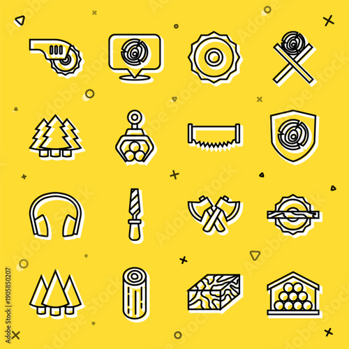 Set line Wooden logs, Electric circular saw, Circular blade, Grapple crane grabbed, Christmas tree, and Two-handed icon. Vector