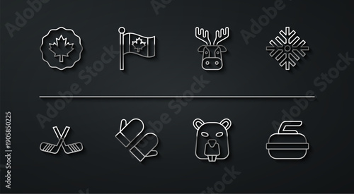 Set line Canadian maple leaf, Ice hockey sticks, Snowflake, Beaver animal, Christmas mitten, Flag of Canada, Stone for curling and Deer head with antlers icon. Vector