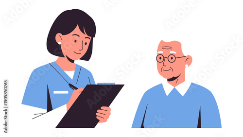 Medical Consultation: A healthcare professional consults with an elderly patient, documenting details on a clipboard, signifying empathy and quality care.