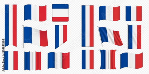 Set of French flag banners in various shapes and waving styles on a transparent background.